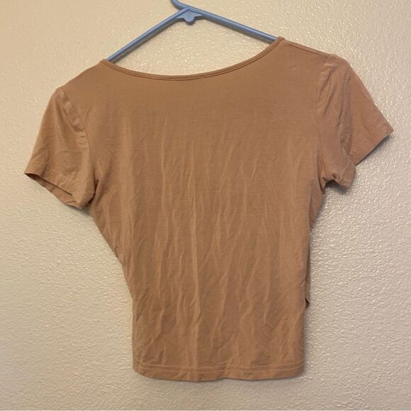 VETIOR Solid tan beige 100% modal Short Sleeve wrap front Crop Top Shirt Small - Picture 4 of 9